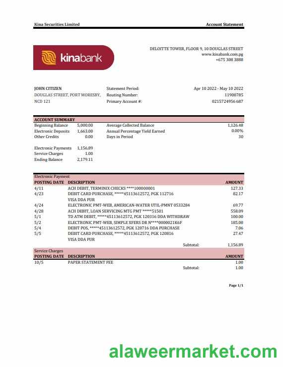 Papua New Guinea Kina Securities Limites bank statement Excel and PDF template